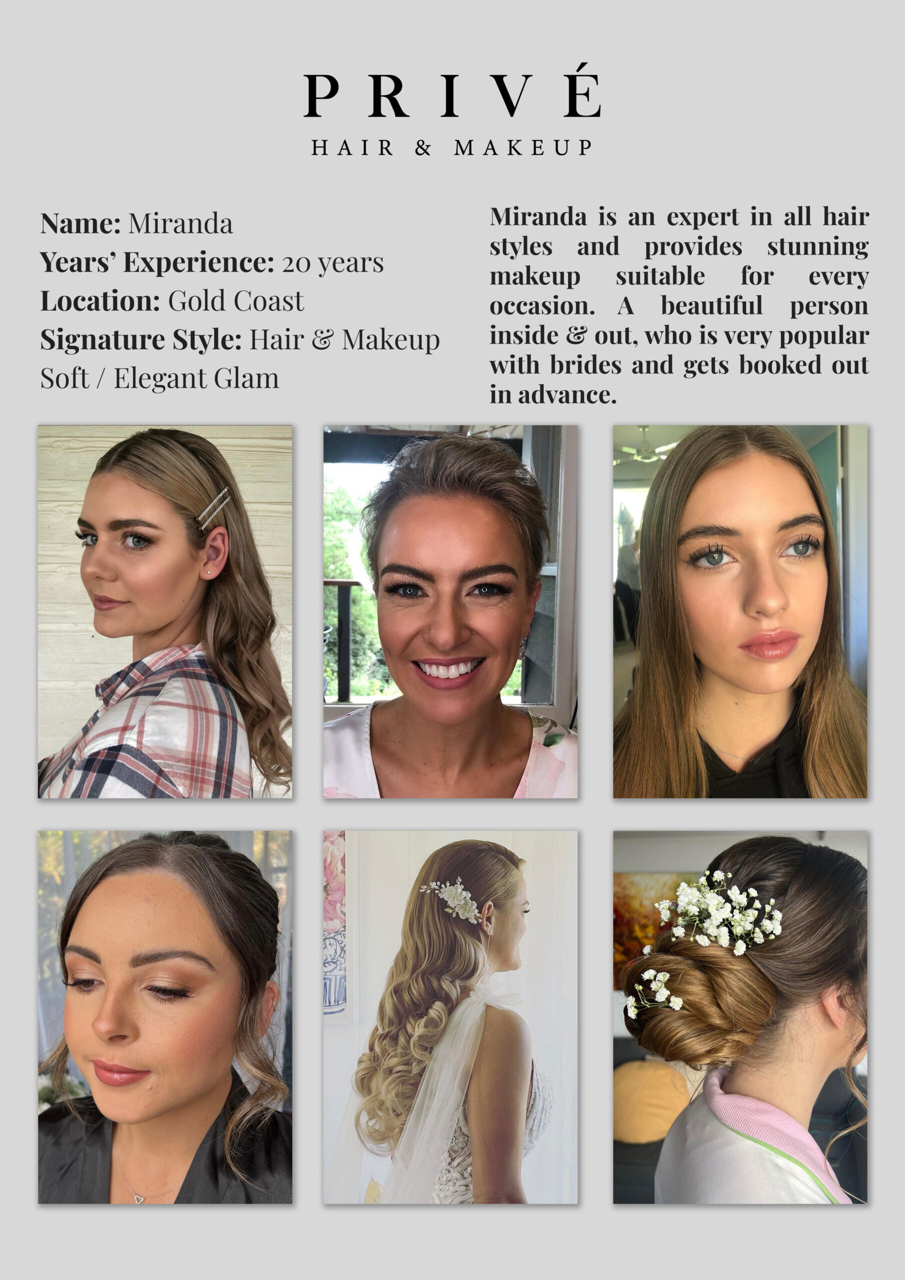 Privé Hair & Makeup Artist Portfolios - Artist Miranda in Gold Coast